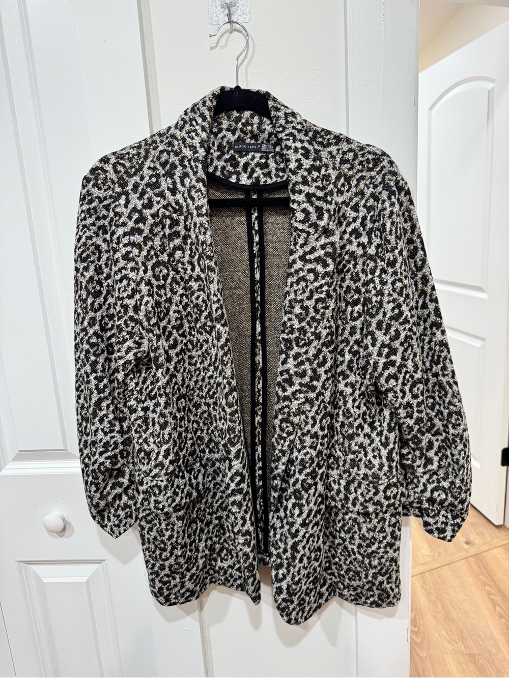 Black Tape_ Open-Front Leopard Cardigan in Black and Cream
